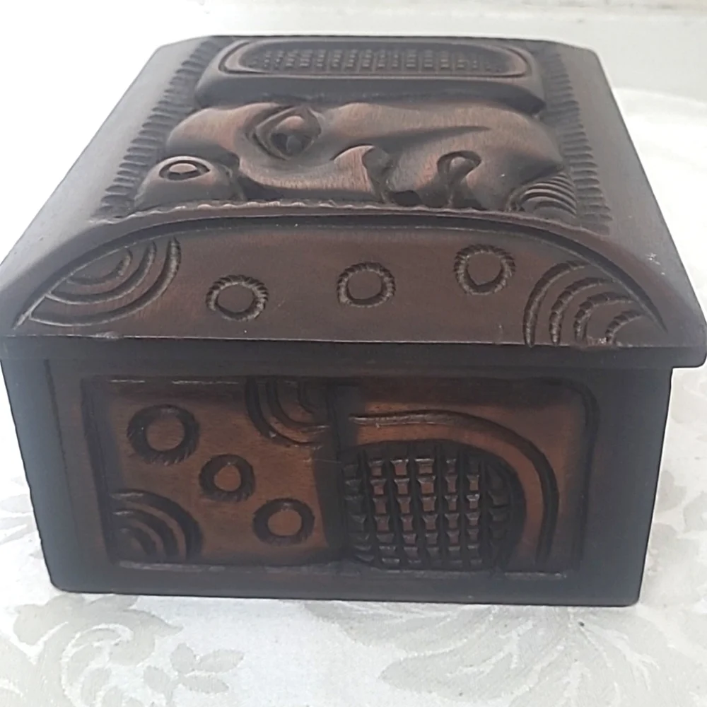 Wooden Humidor Box Stained Carved Man Tribal Tiki  Cigar Box Vintage